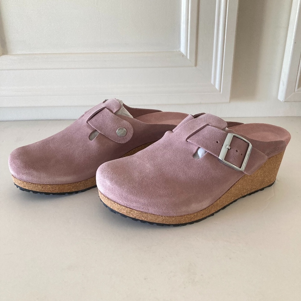 EUC NOT NWOT. Birkenstock Suede Fanny Soft Footbed Heeled Rose Clogs Sz 40